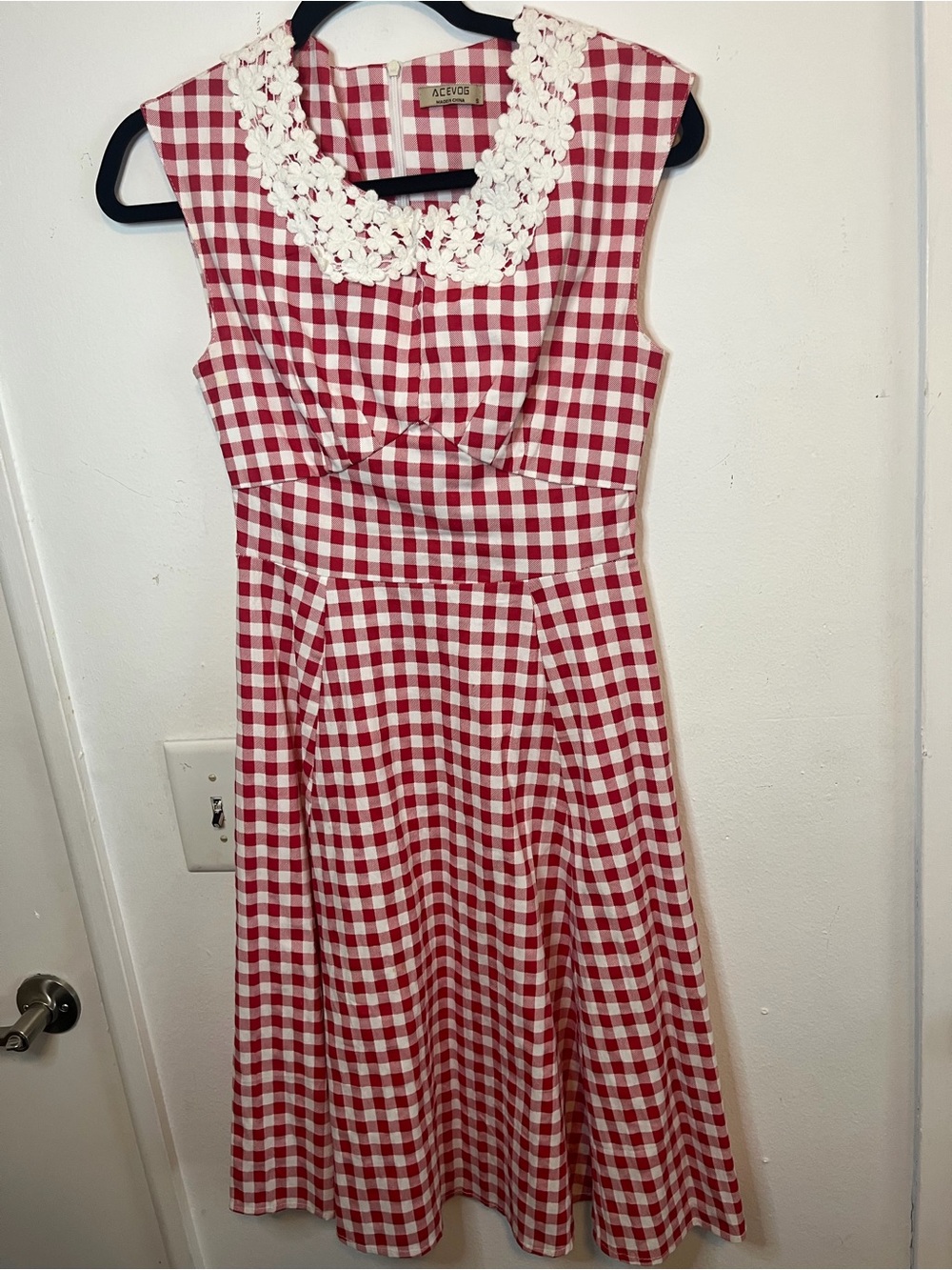 AceVog Red Gingham Sleeveless Dress with Lace Collar